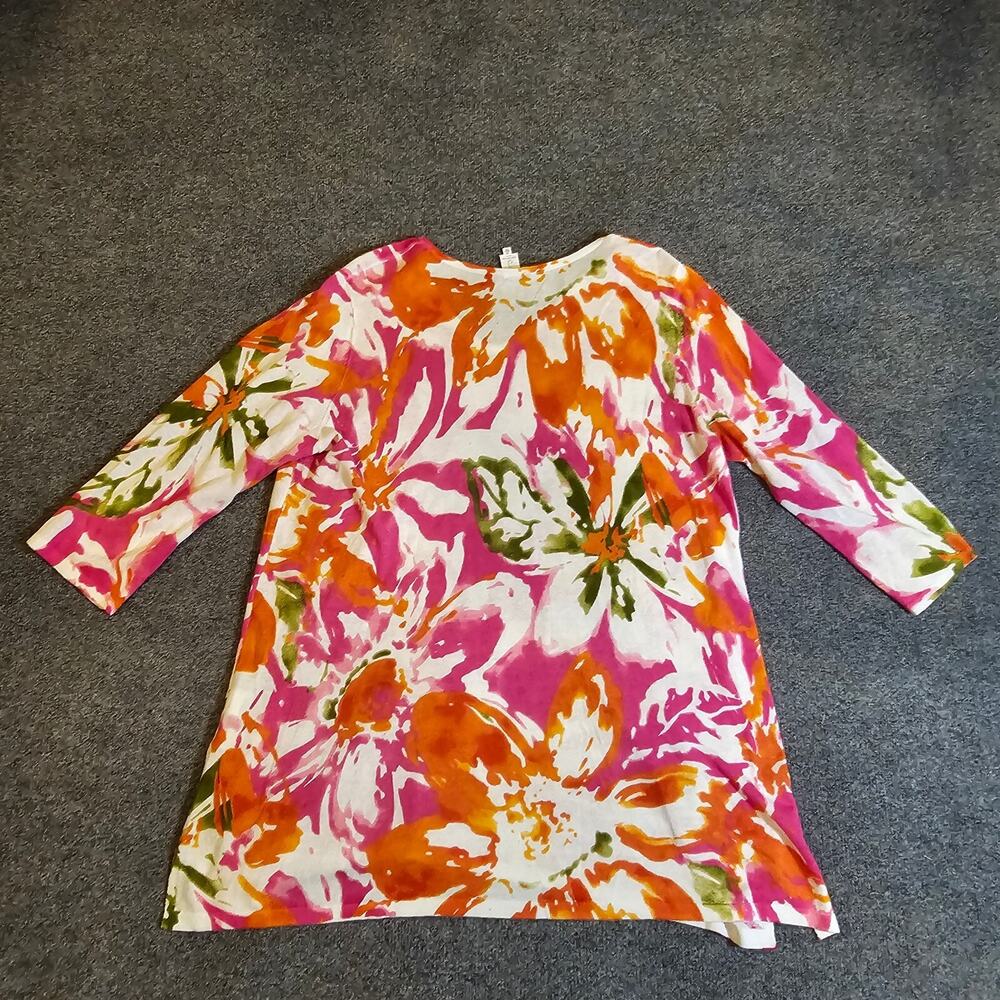 Jones New York Top Sweater Womens 1X Pink White Linen Blend Floral 3/4 Sleeve - Picture 8 of 9